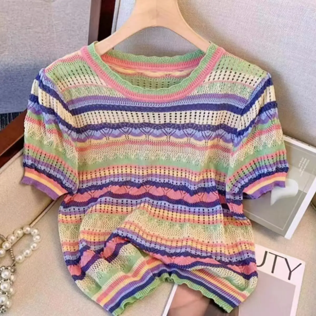 Rainbow Striped New 2025 Color Block Crew Neck Knitted Top Casual Short Sleeve Spring Summer Women Hollow Out Cropped Sweater