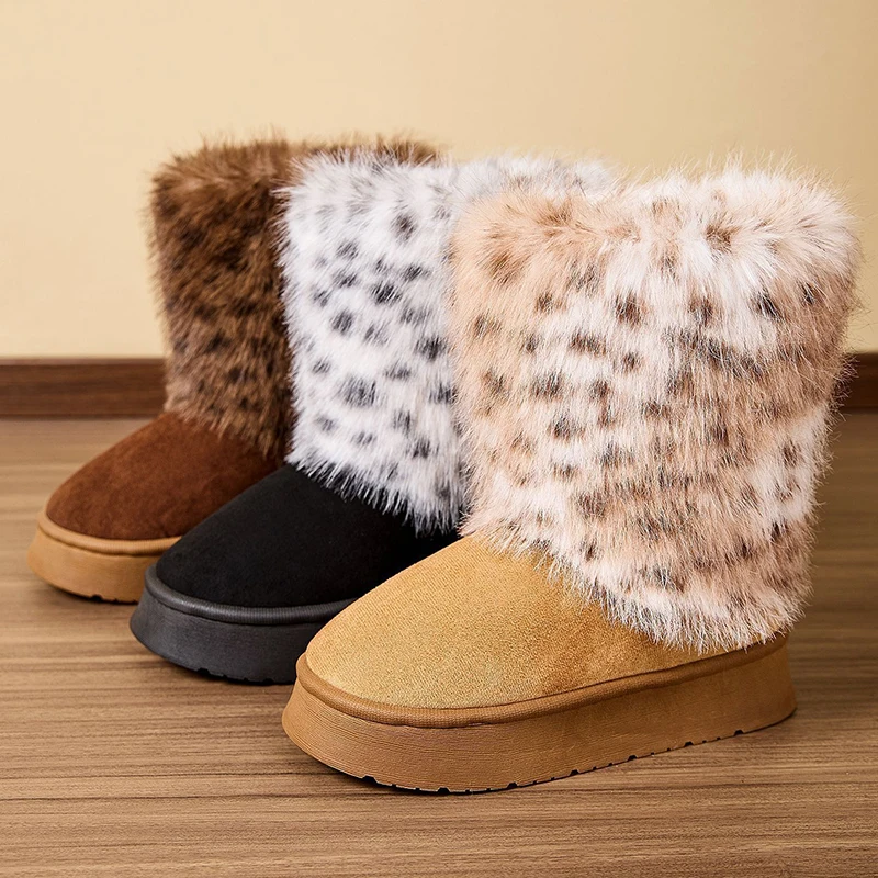 

Fashion Leopard Plush Snow Boots Women 2025 Anti Slip Platform Winter Ankle Boots Woman Fleece Lining Warm Cotton Padded Shoes