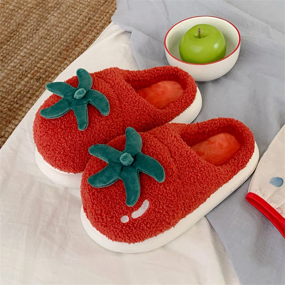 Cute Tomato Shape Cotton Slippers Women's Winter Home Warm Cartoon Parent-child Slippers Outdoor Fluffy Comfort Warm Shoes view 2