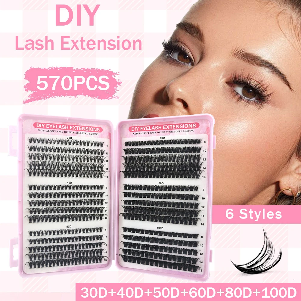 

570pcs DIY False Eyelash Kit – 6 mixed densities Beginner-friendly for 3D/6D dramatic looks. Includes glue, tweezers