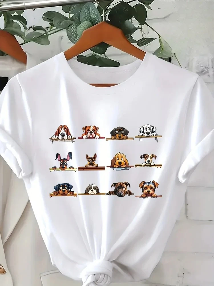 T-shirt casual a maniche corte da donna con stampa di cani, girocollo morbido, top alla moda primavera/estate/autunno, LoveTShirt, stile weekend