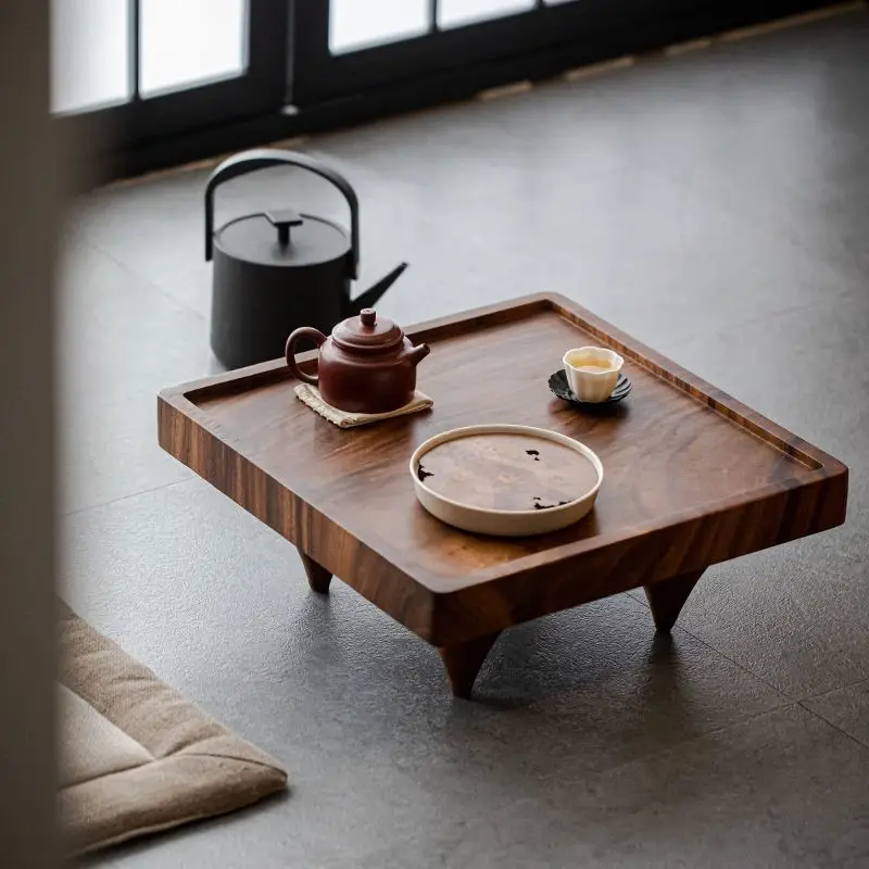 Japanese-style wabi-sabi style, solid wood tea table walnut, square edge tatami, Zen bay window low table kang table