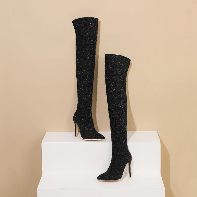 

2025 New Fashion Point Thin Heel 10CM Bright Silk Evening Banquet Over The Knee Thigh-high Women's Boots