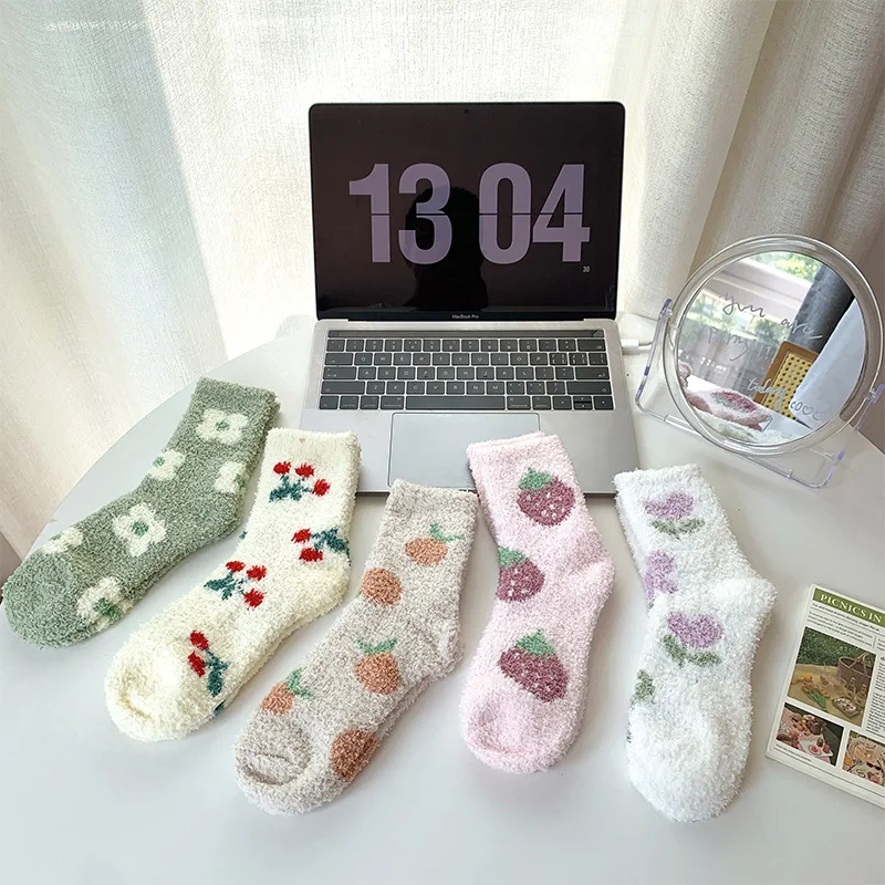 

Women Socks Strawberry Cherry Flowers Winter Thicken Warm Soft Kawaii Cute Coral Fleece Thermal Homewear Floor Sleeping Socks