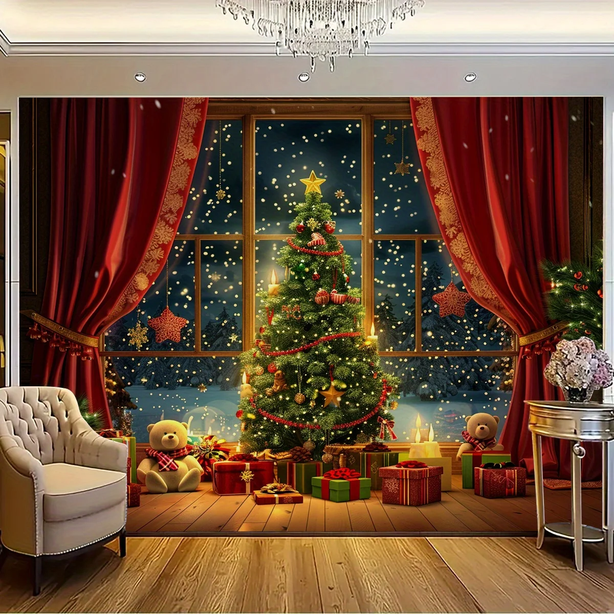 1 Stück Winter Schnee Mond Nacht Weihnachts baum Santa Claus Fotografie Hintergrund Stoff-geeignet für Weihnachts feiern
