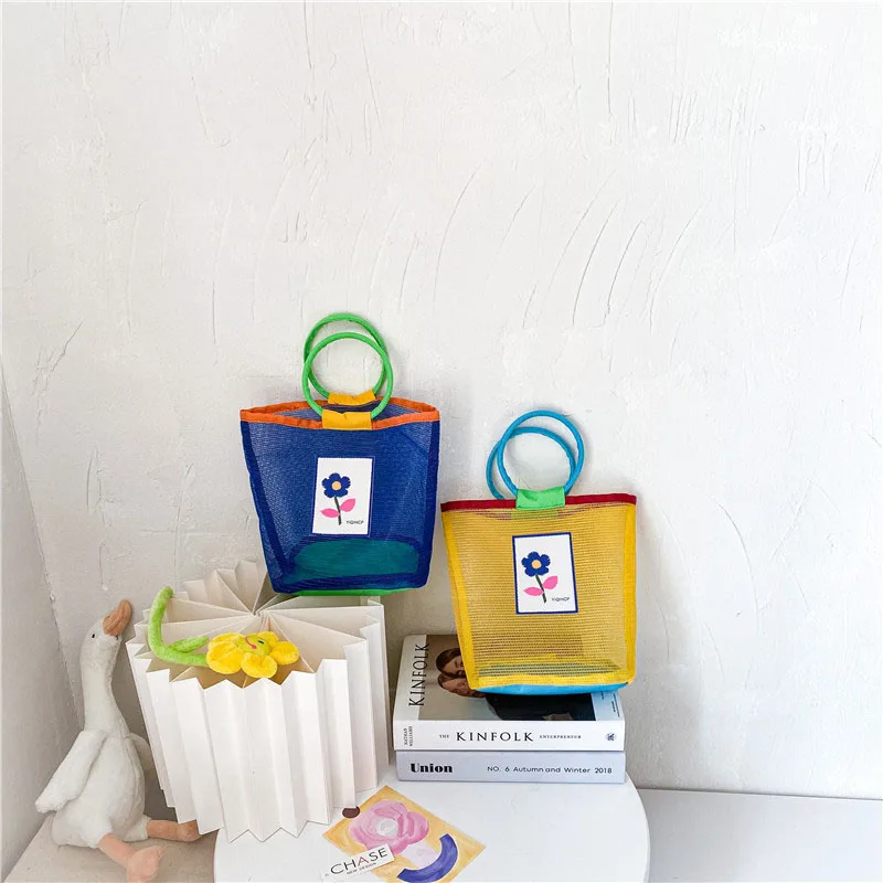 Summer Children's Handbag Color Blocking Girls Shopping Bag Sweet Flower Boys Beach Bag Large Capacity Kids Bag