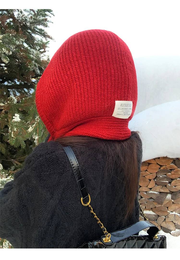 Koreanische Sturmhaube Motorhaube Frauen Skullies Mützen Hut Schal Einteilige Verdickte Warme Hals Schutz Winter Zubehör Gestrickte Gesetz – Detail 7