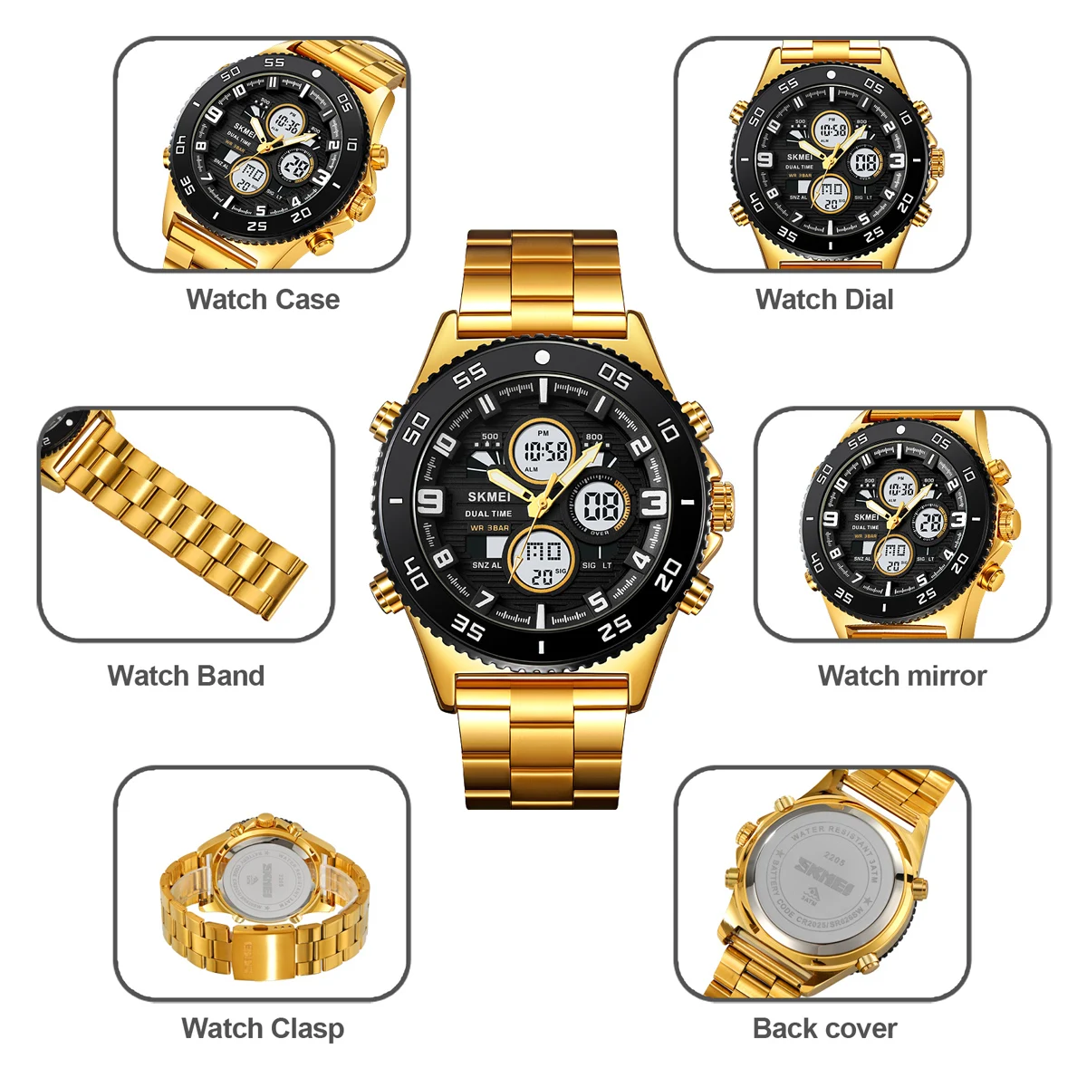 SKMEI Casual Stainless Steel Watches Movement Sport Digital Watch 5Bar Waterproof Dual Display Wristwatch