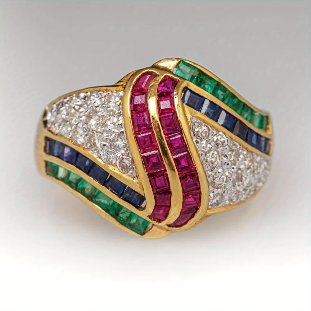 Vergoldeter Mehrfarbiger Synthetischer Zirkonia Mode-Design-Ring für Damen Vintage Klassischer Bankett-Festival-Schmuck Accessoires