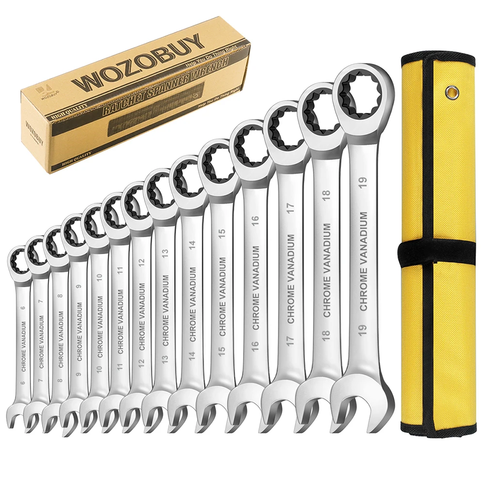 WOZOBUY Ratcheting Combination Wrench Set,14 pcs Metric 6-19mm Auto Repair Key Wrenches,Spanner with Rolled Cloth Bags & box