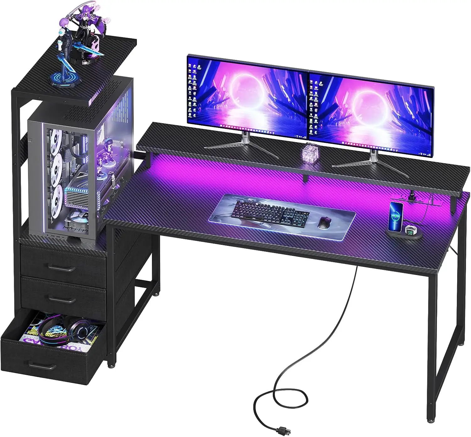 59 Inch Gaming Desk with LED Light- Reversible Computer Desk with Storage Shelves & Monitor Stand, Fabric Drawers Fits Compact P