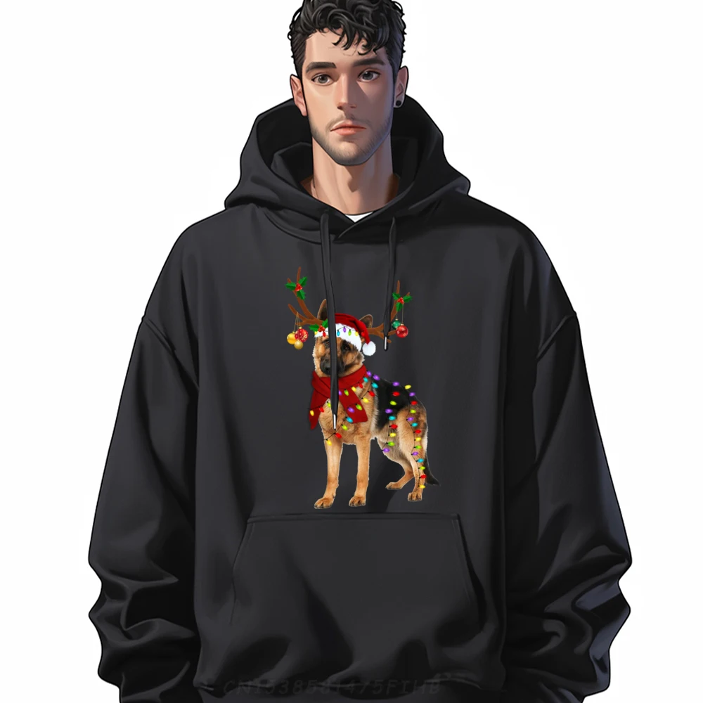 

Santa German Shepherd Reindeer Light Christmas Green And White Graphic Hoodie Luxury Clothes Men Family