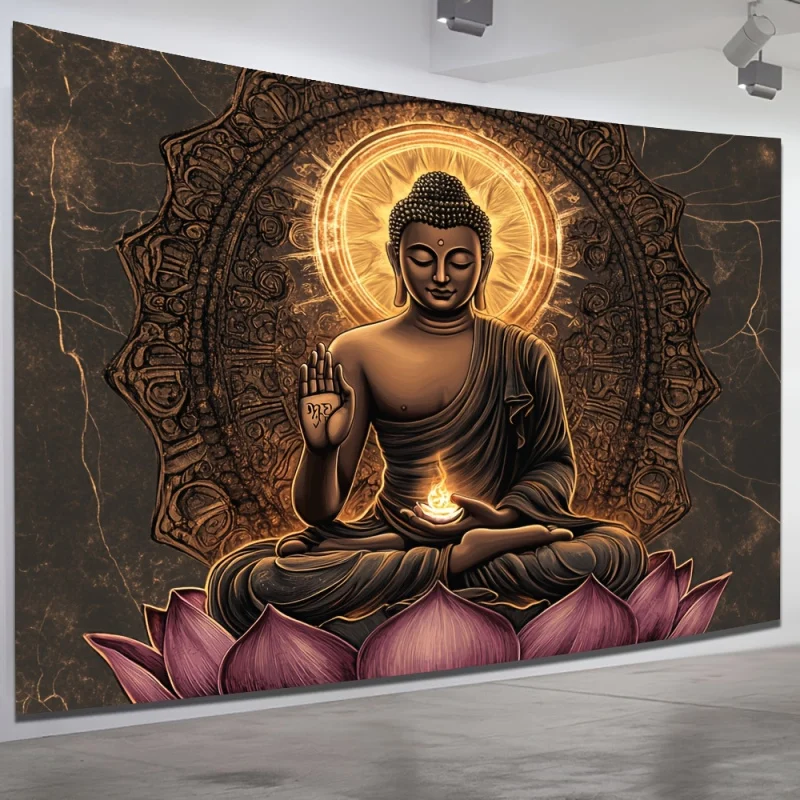 VIKAMA Black Gold Buddha Light Tapestry Zen Gilded Flame Art Wall Hanging for Living Room Study New Chinese Decor Yoga Studio