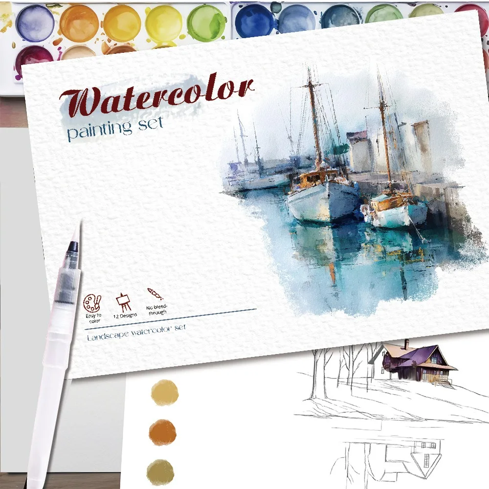 1 livre de coloriage d'aquarelle pour débutants sur le thème des paysages et de la vie marine, 20 illustrations pré-imprimées, cadeau de bricolage pour la peinture et l'artisanat