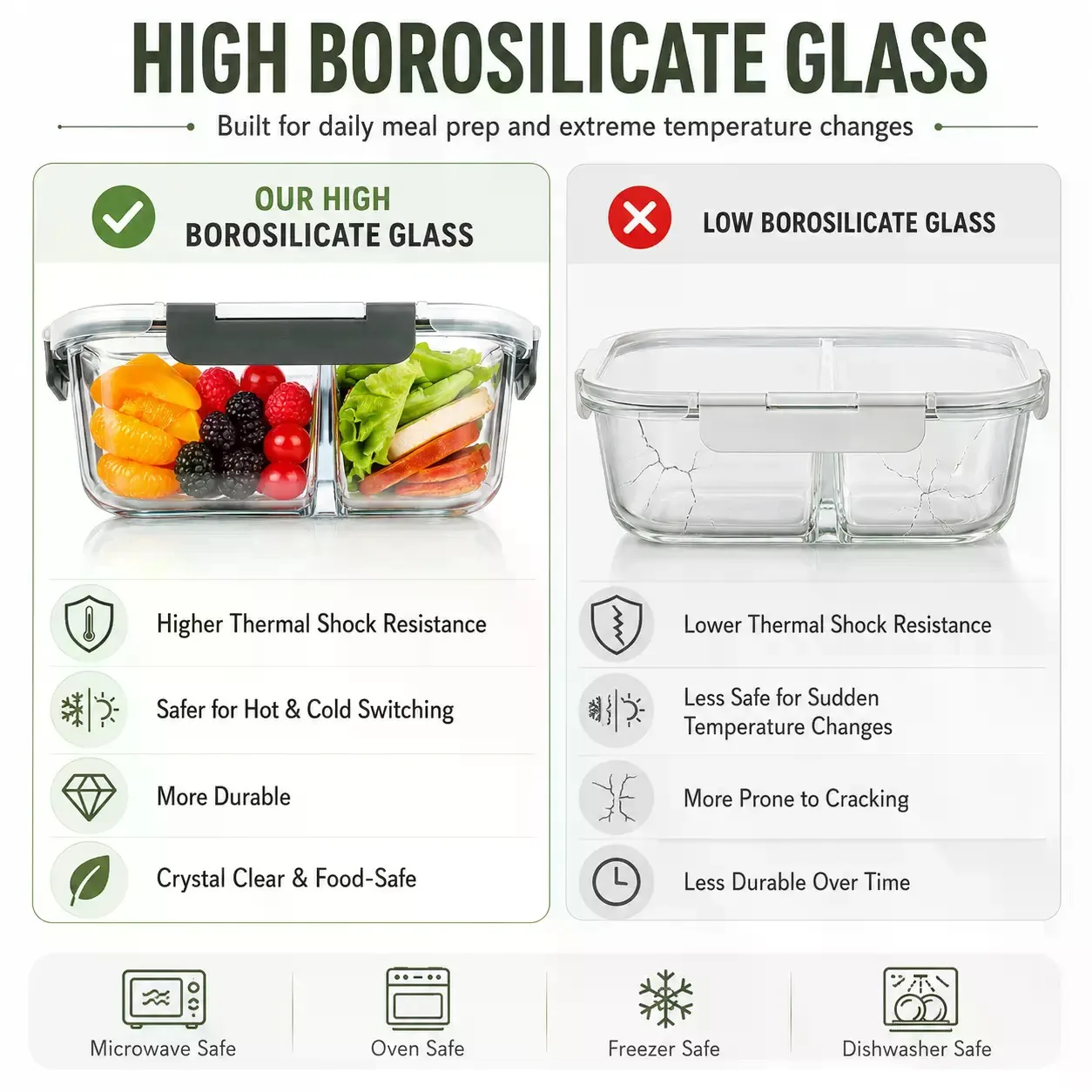 5-Pack Rectangular Borosilicate Glass Meal Prep Containers (36 oz, 8in×6.5in×3in) - Crystal-Clear, Stackable Airtight Leak-Proof Lids, Airtight Food Storage, Kitchen Accessories, Healthy Meals Prep, Dishwasher-Microwave-Oven-Freezer Safe