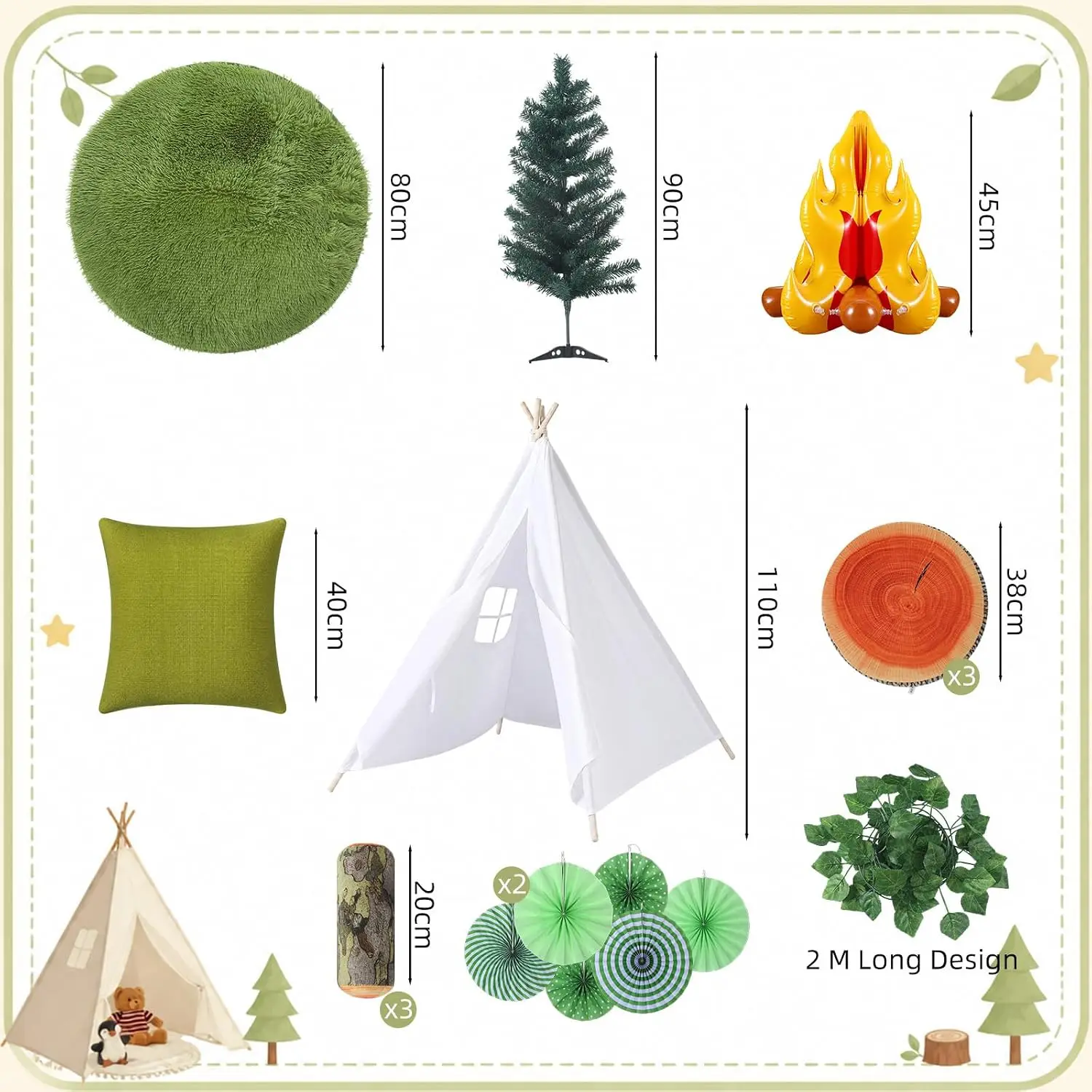Camping Reading Corner Decor Set 24 Pieces Kids Reading Nook Tent Stump Cushion Fake Tree Inflatable Campfire Green Paper Fans R
