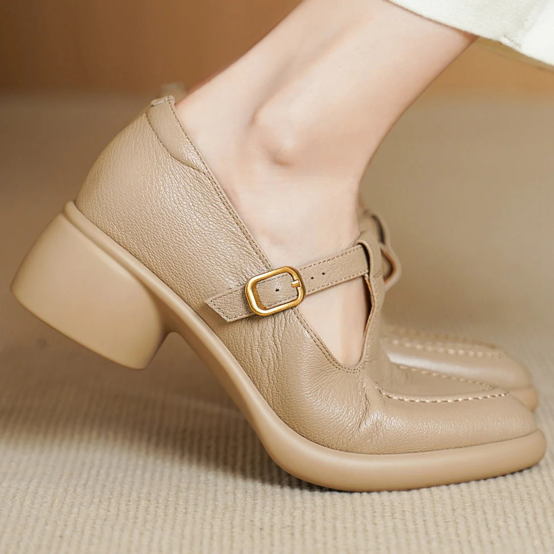 

Flokathy 2026: Новые женские туфли-лодочки из овчины с заостренным носком, узким ремешком и Т-образным ремешком, на среднем каблуке 5 см, повседневные, в стиле OL, для офиса и на каждый день