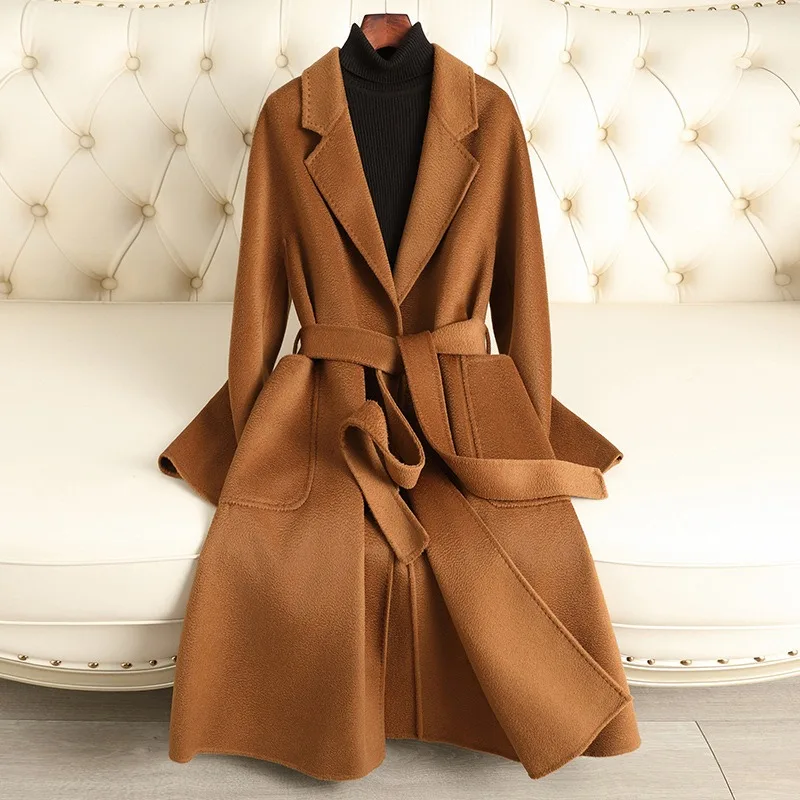 

Water Ripple Double Sided Wool Coat Women's Long Style 2025 Autumn/Winter New Style Knee High End Woolen Jacket