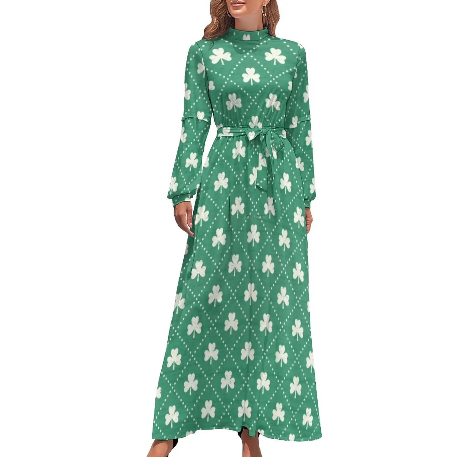 Shamrock Pattern Dress Plaid Dots Print Streetwear Bohemia Dresses Women Long Sleeve High Neck Elegant Long Maxi Dress