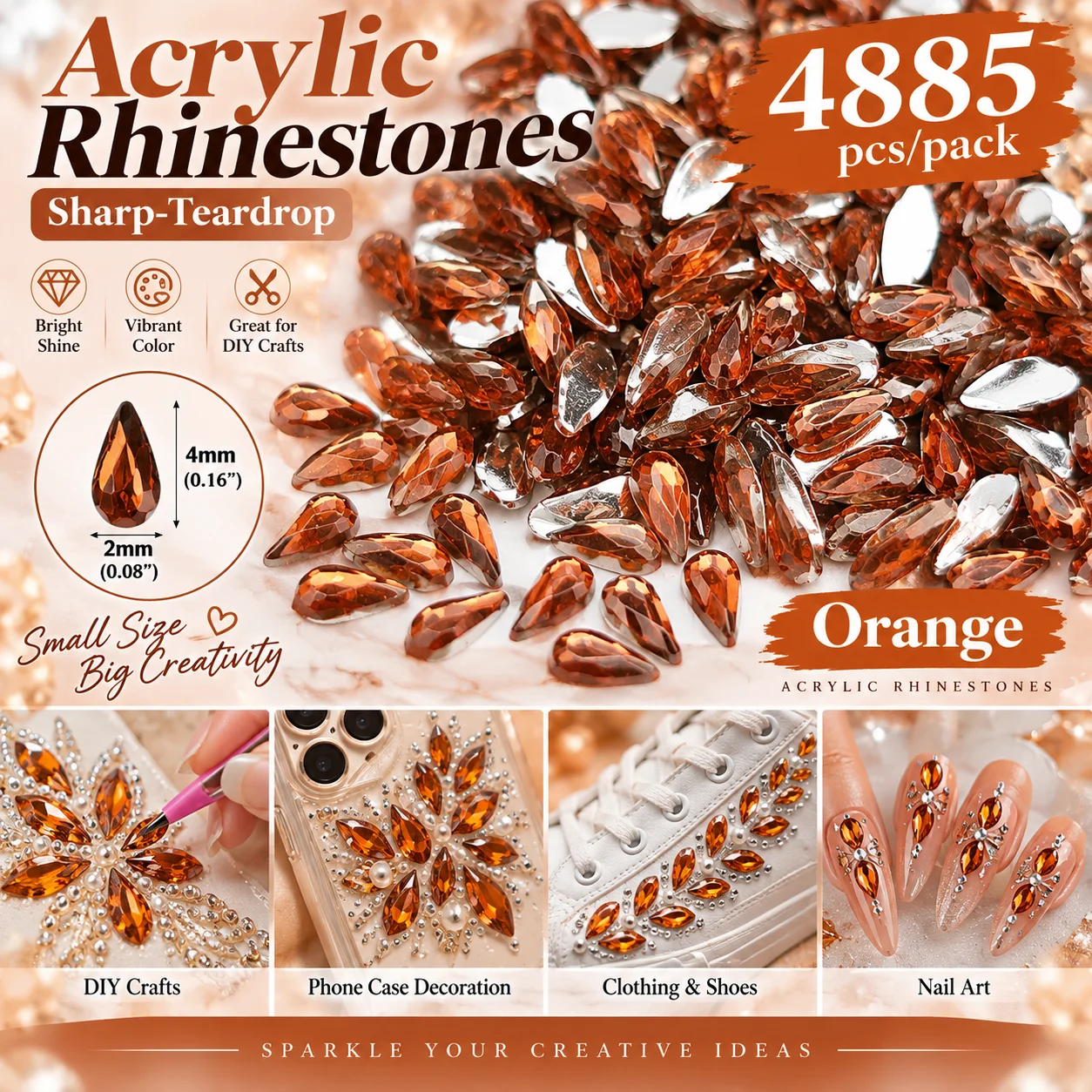 Acrylic Sharp Teardrop Rhinestones 2×4mm 4885Pcs/Pack Flatback Loose Gems for Nail Art Clothing Bags DIY Craft Decoration