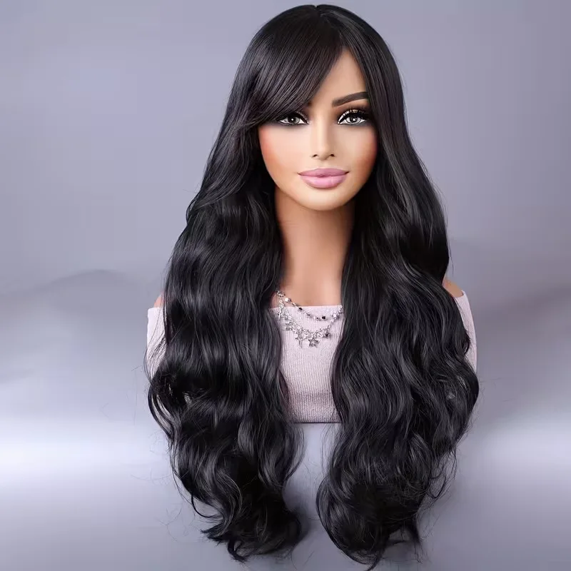女性用サイドバング付きの黒いロングウェーブウィッグ、ふわふわの合成ヘアピース