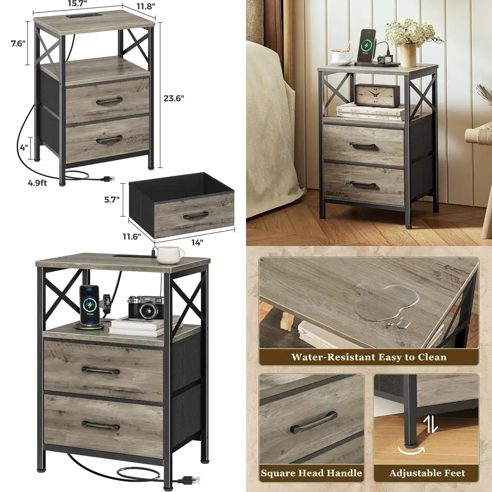 

Oak USB-C Nightstand, Open Shelf, X-Shaped Rail for Small Spaces