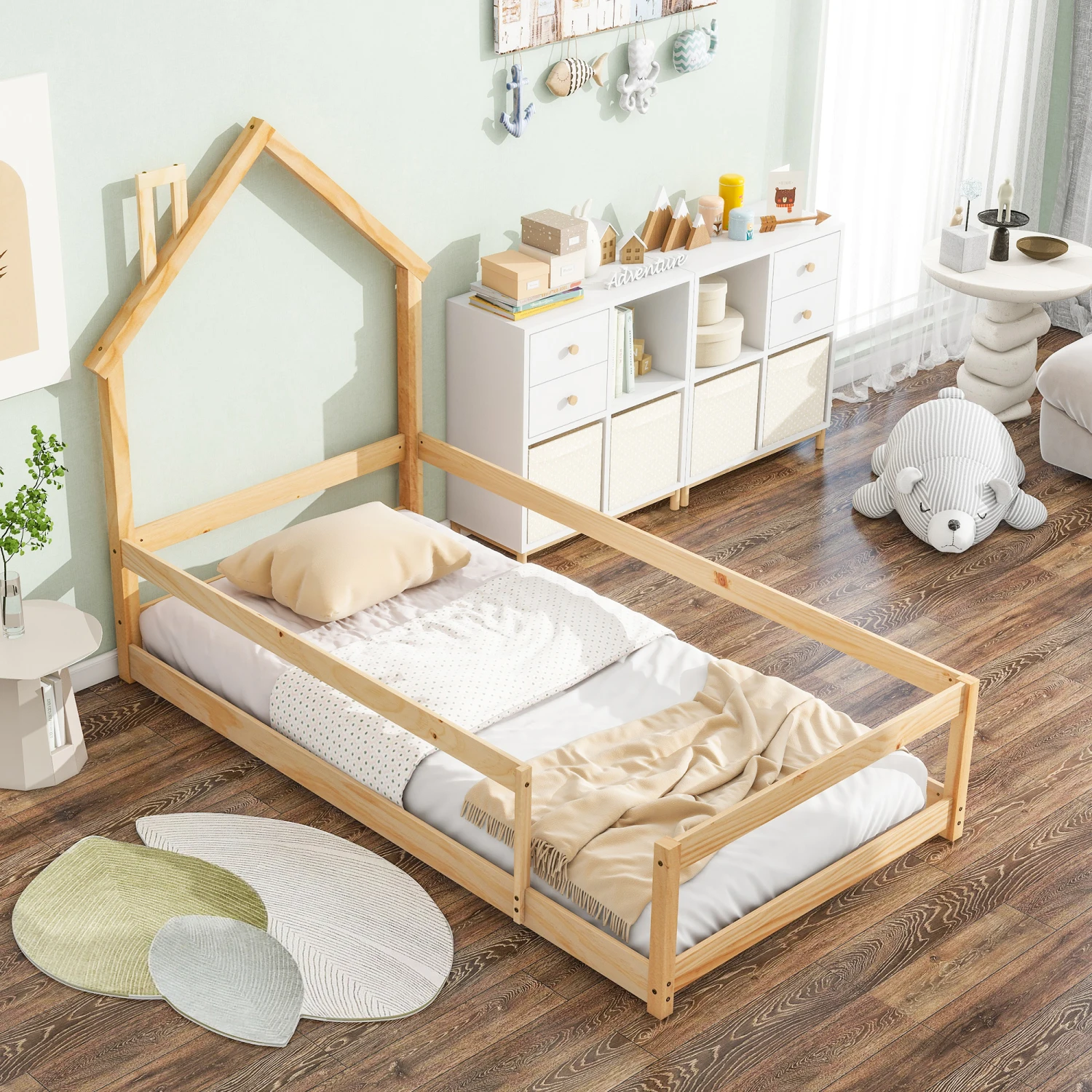 

Twin Size Wood bed with House-shaped Headboard Floor bed with Fences,Natural