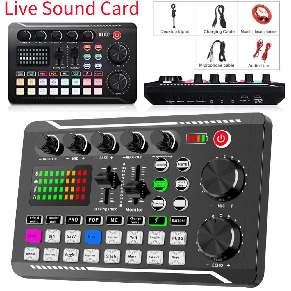 F998 Bluetooth Sound Card Console Studio Sound Card Kit with USB Microphone Computer Live Voice Mixer Sound Card DJ Equipment