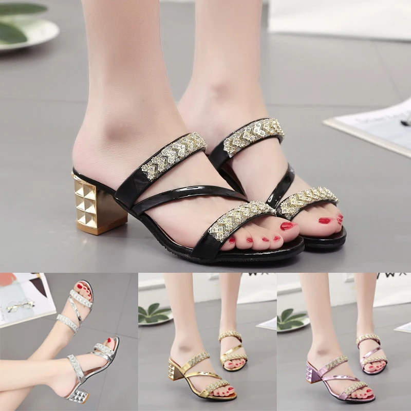 

Women's Solid Color Glitter Sandals Slip on Chunky Heel Rhinestone Decor Summer Slides Party Banquet Shoes