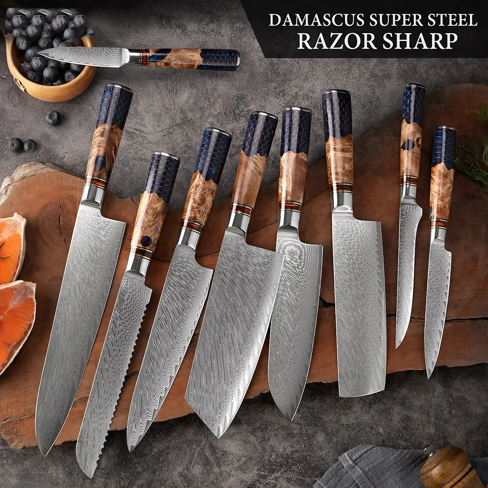 9 Piece Kitchen Knives Set Damascus Super Steel Razor Sharp Kitchen Knife Cut Vegetables Sliced Meat Blue Resin Honeycomb Handle