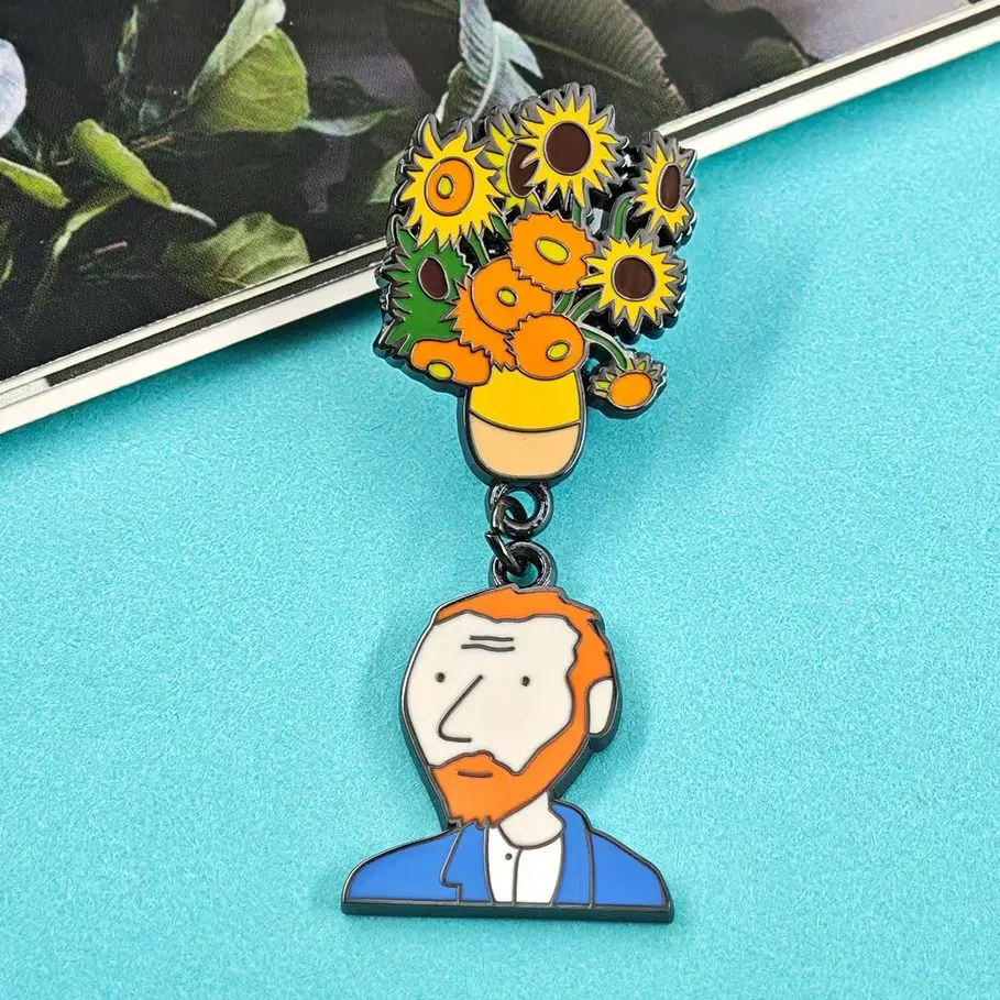 Vincent Van Gogh Emaille-Anstecknadel: Niedliches Künstlerporträt mit Sonnenblumen-Vase, Hängende Brosche, Kunst-Impressionismus-Abzeichen, Anstecknadeln, Geschenk