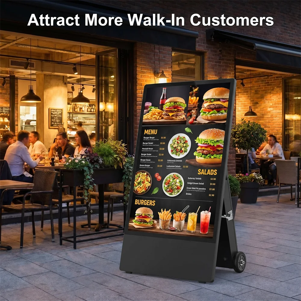 Portable Outdoor Digital Menu Board LCD Advertising Display with Wheels Animation & Wayfinding for Restaurant Retail Storefront
