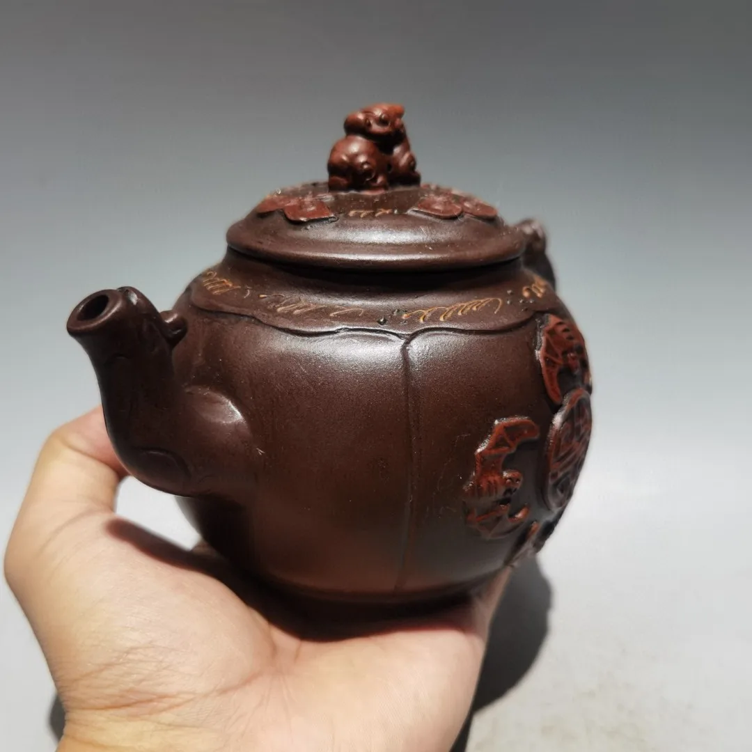 Yixing Purple Clay Teapot Kirin Statue Cover Bat pattern Blessing Beast Mouth Pot Kettle Teapot Amass wealth Ornaments Town