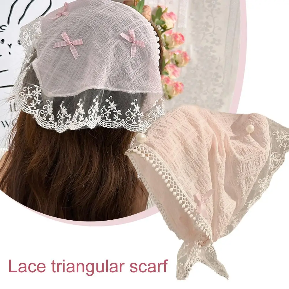 Vintage Pearls Lace Headscarf Fashion Bow Girls Lace Scarf Summer Hair Accessories Sweet U5h2