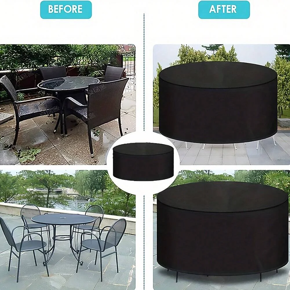 Waterproof Round Patio Furniture Cover - UV & Wind Resistant, Dustproof Outdoor Table and Chair Set Protector, Black, Rain, Snow
