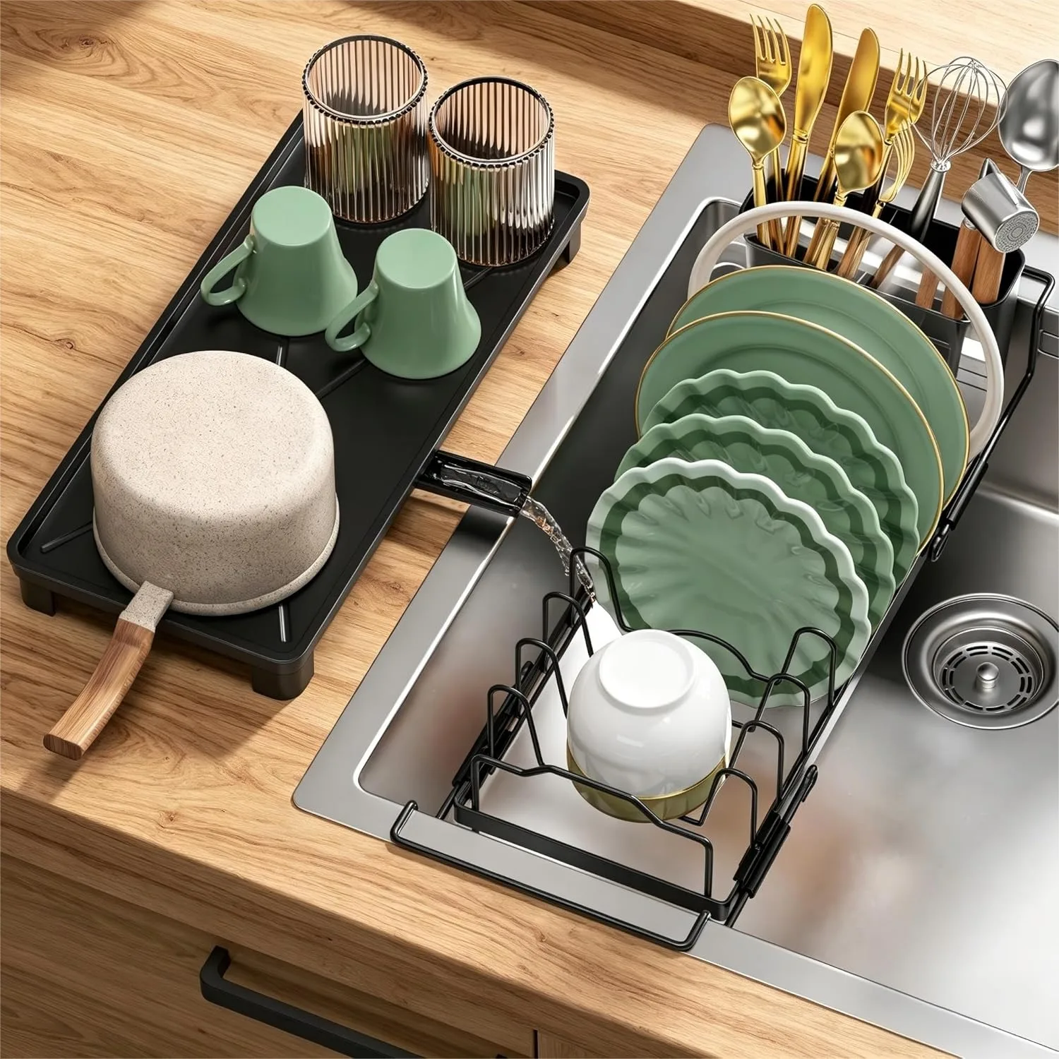 

Expandable Dish Drying Rack Over Sink With Drying Tray, Space-Saving Dish Drainer For Kitchen Counter With Adjustable Cutlery Holder, Black