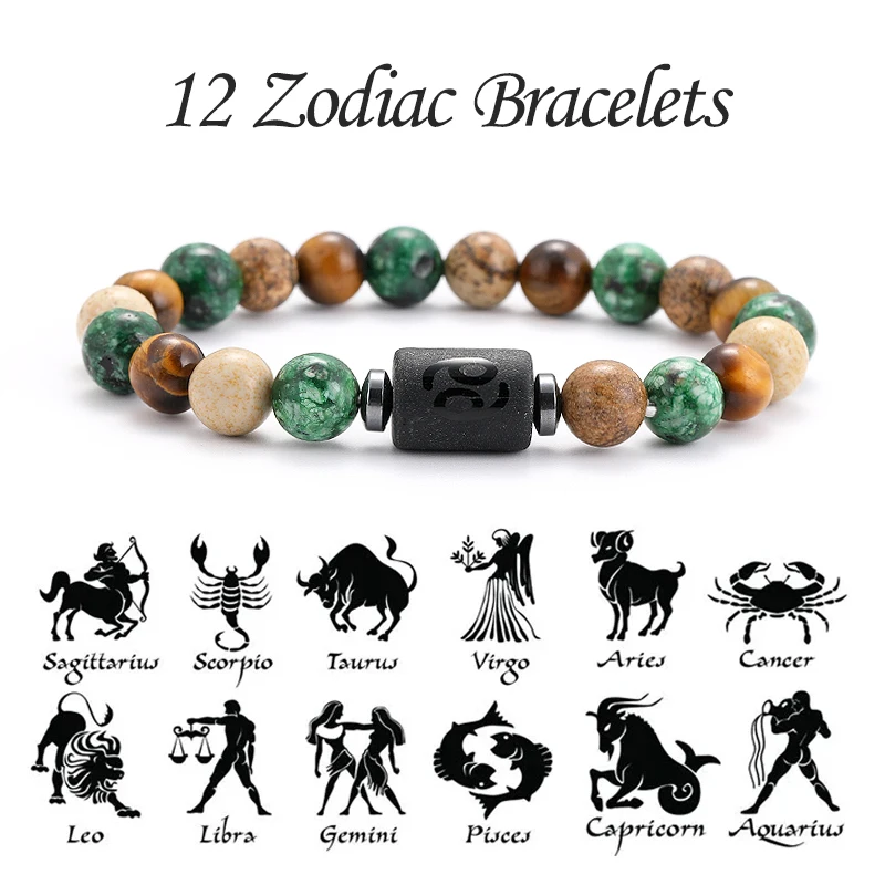 12 Zodiac Signs Natural Stone Bracelets Leo Capricorn Taurus Cancer Bracelets Women Men Couple Friendship Jewelry Gift Bracelets