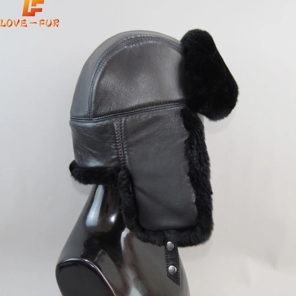 Hot Fashion Winter Russian Man Woman Natural Full Pelt Rex Rabbit Fur Hats Luxurious Sheepskin Leather Cap Real Fur Bomber Hat