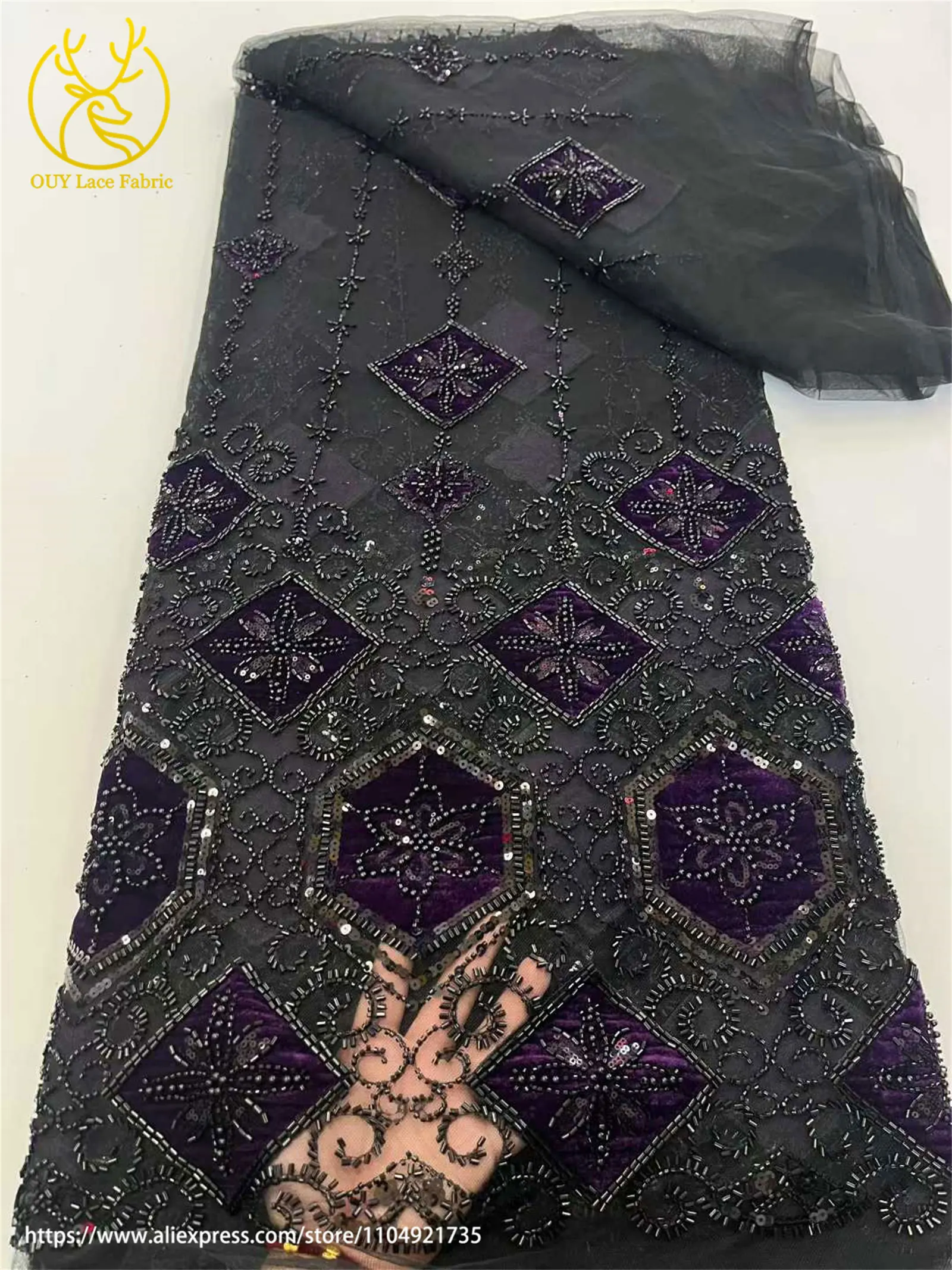 アフリカの豪華なベルベットビーズ刺繍レース生地2025フランス製スパンコールレース生地、女性用パーティーディナードレス縫製用5ヤード