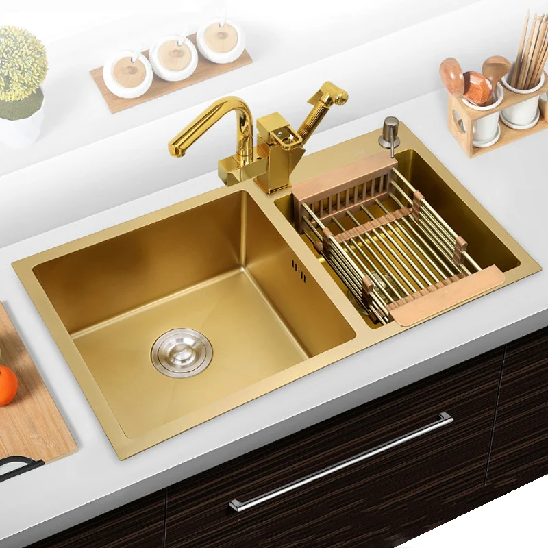 

Gold 304 Stainless Steel Kitchen Sink 4mm Thickened Sink Counter Mounted Above Or Below Counter Double Sink Partition Family Bar