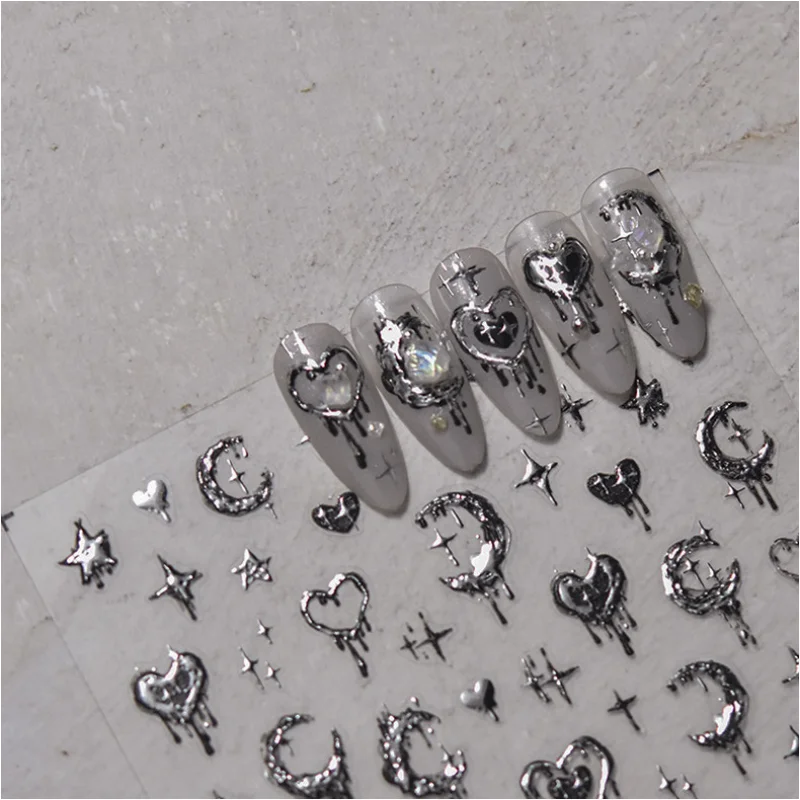 1pc 5D realistische reliëf stempel zilver gesmolten hart maan sterren ballon engel liefde zelfklevende nail art stickers stickers manicure charme