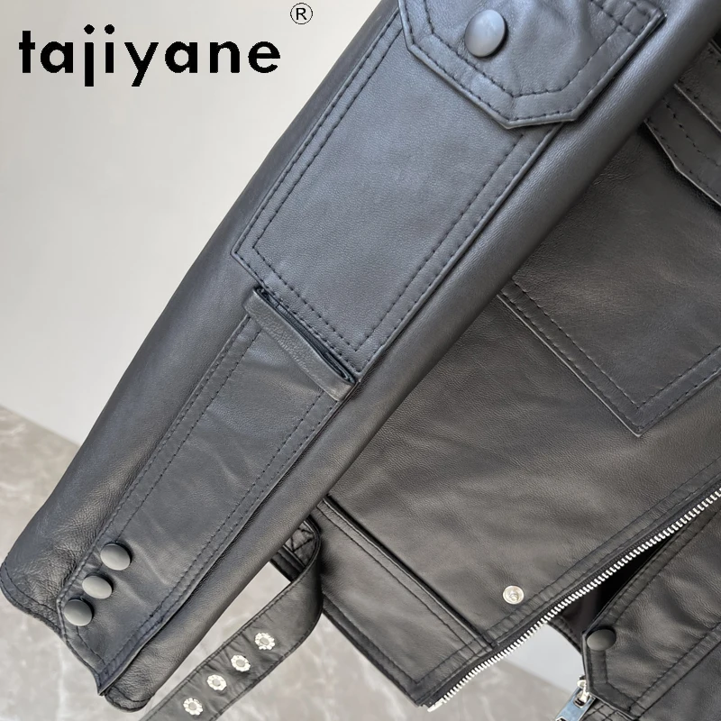 Tajeyane-Chaqueta de cuero auténtico para mujer, abrigo de piel de oveja auténtica, con cremallera y cordones, para motocicleta