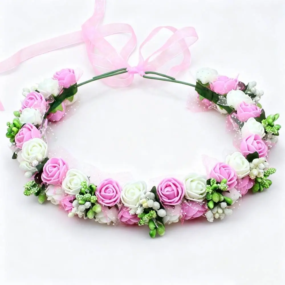 Bohemia Hand Woven Flower Crown Silk Rose Flower Adjustable Ribbon Hair Loop Vintage Elegant Bridal Wedding Tiara Wedding