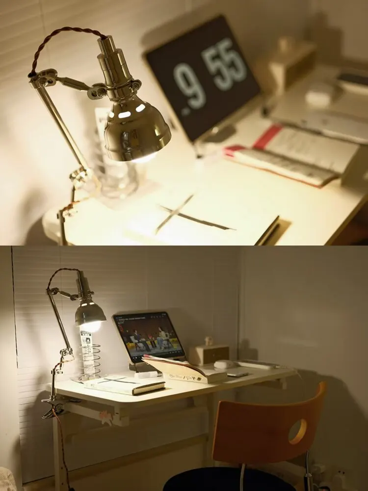 Bauhaus retro swing arm telescopic clip type desk lamp, industrial style study, work desk, multi angle reading clip lamp