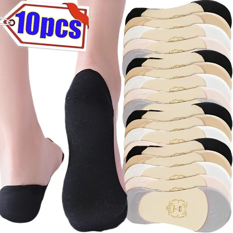 10/2pcs Summer Cotton Socks Invisible Non-slip Boat Socks Invisible Ladies Low Cut Ankle Sock Women Slippers Silicone Thin Sock