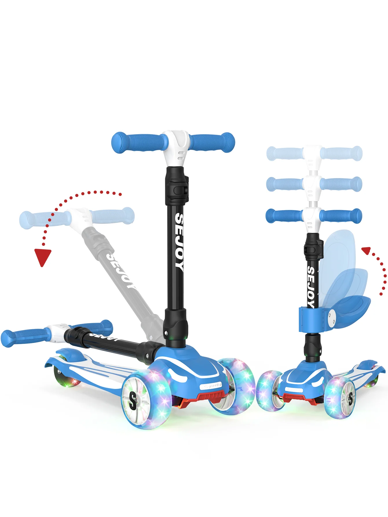 Sejoy 3-in-1 Kids Kick Scooter Driewielig met LED Knippert Lichtgewicht Kindervoetscooters In hoogte verstelbare scooter Sit/S