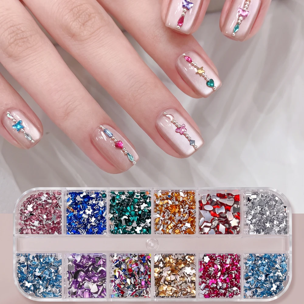 1Box Mixed Color Crystal Nail Rhinestones Multi Shape Star Heart Butterfly Flatback Gems Nail Charms Professional Nail Salon DIY