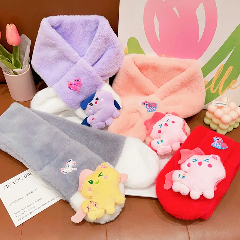 Miniso Little Pony Children's Plush Cross Scarf Autumn and Winter Girls Cute Fleece Cross Neck Cover Warm Wind Wind Scarf