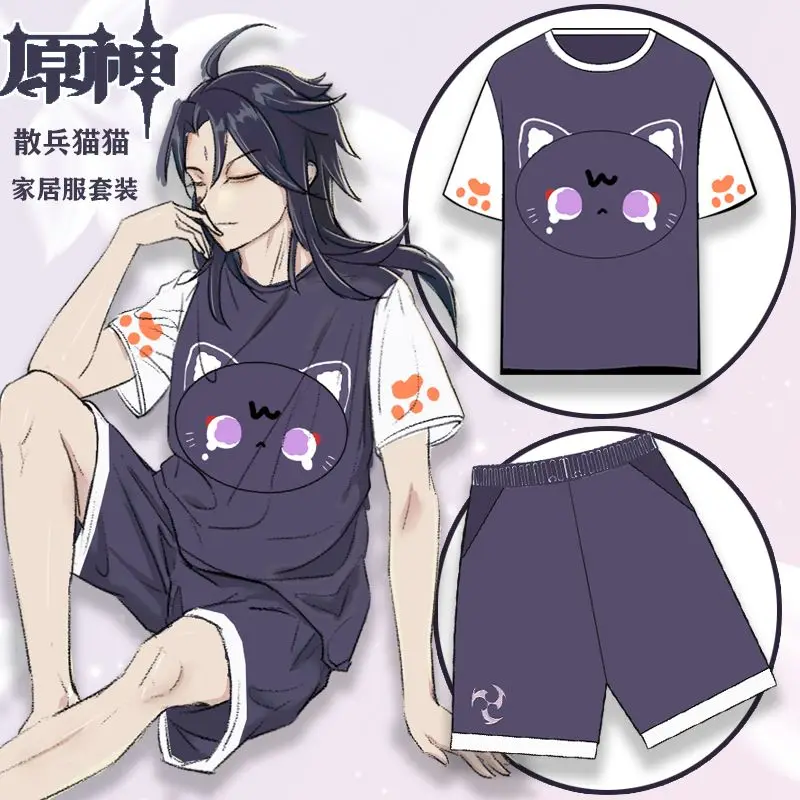 تي شيرت Genshin بأكمام قصيرة وشورت للشاطئ مع طباعة تأثير ثلاثية الأبعاد، طقم مكون من قطعتين، بدلة تنكرية من Anime Xiao Kaedehara Kazuha