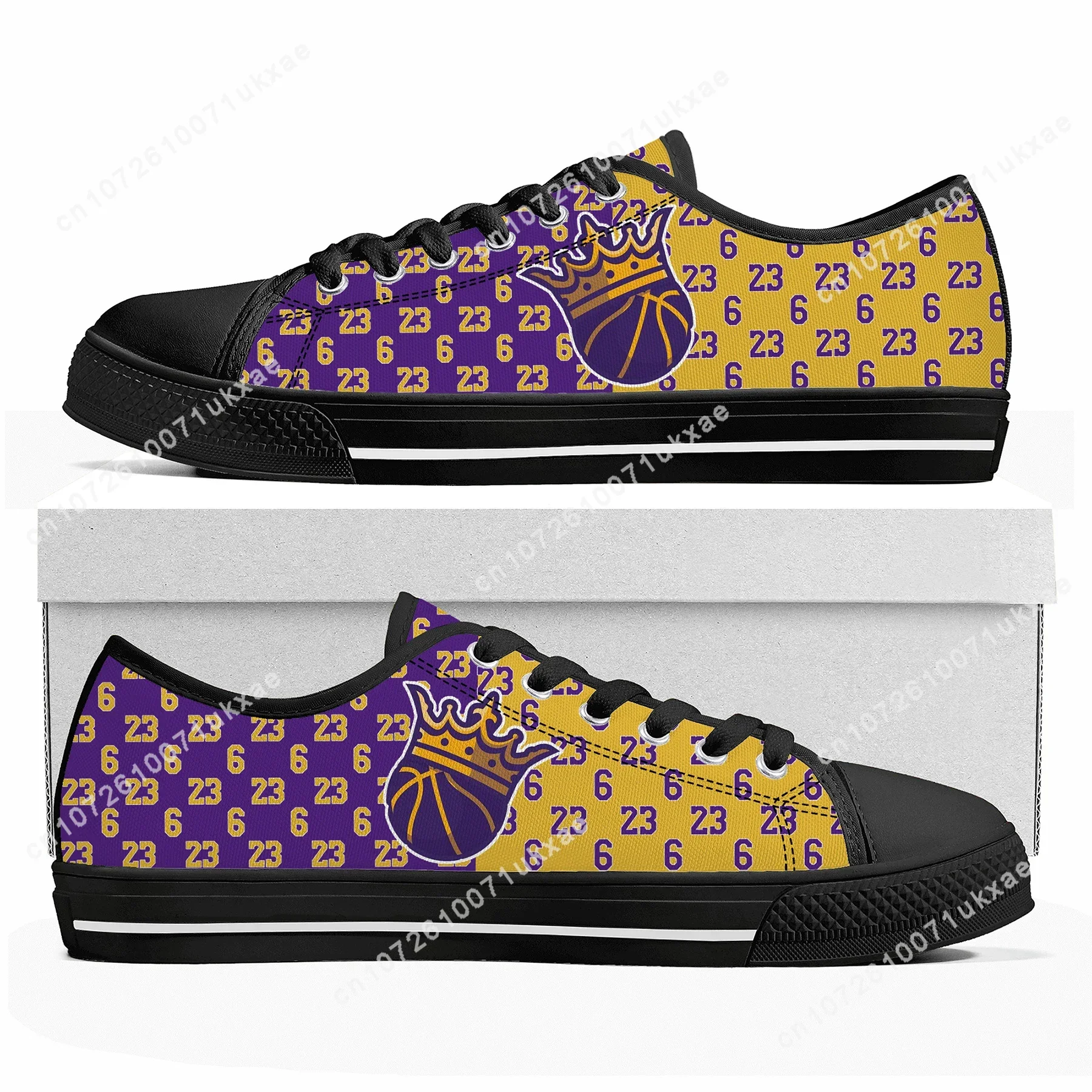 Tênis James-Los Angeles Rei do Basquete para homens e mulheres, tênis Low Top, tênis de lona dourado e roxo, sapatos casuais para adolescentes, número 23, 6